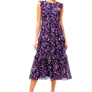 J. Crew blue sleeveless Midi maxi chiffon dress 2 Tiered Ruffle Lined Multicolor